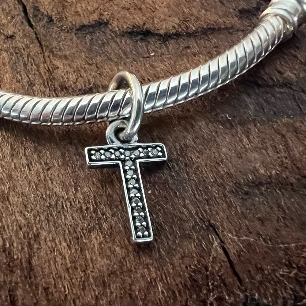 Rare Authentic Pandora Letter T Dangle Pendant Charm Pave Cz Sterling Alphabet
